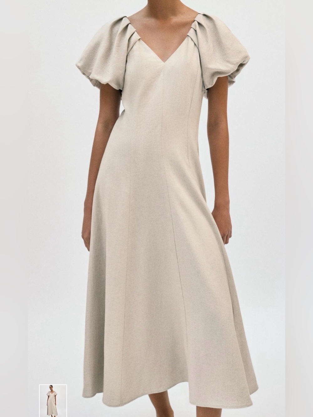 Zara Cream V-Neck Maxi Dress with Puff Sleeves